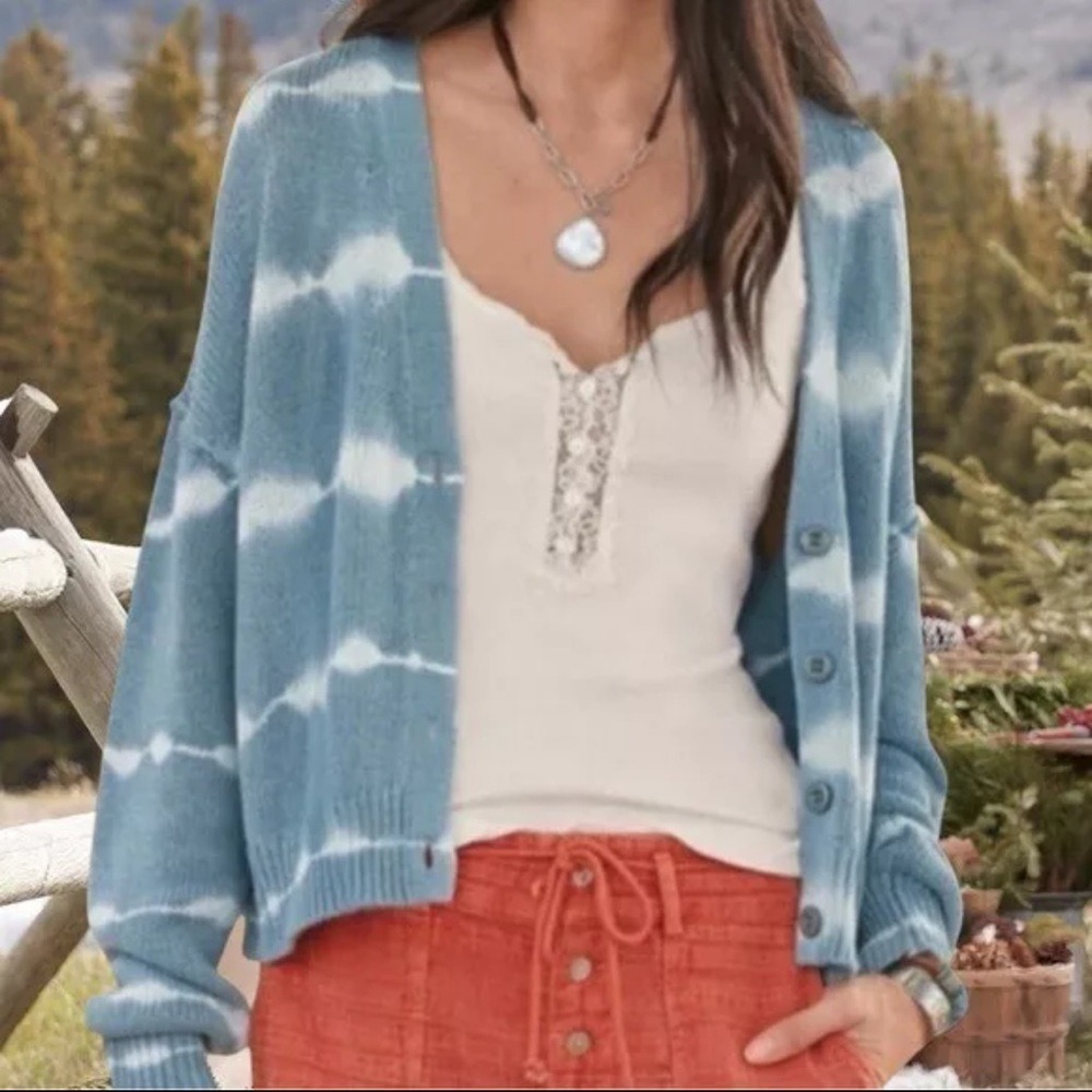 Sundance Cardigan Women's Medium Blue Tie Dye Knit V-Neck Button Front Bohemian